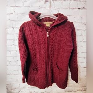 Inis Crafts Coatigan Merino Burgundy Cable Chunky Knit Hooded Cardigan L